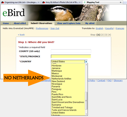 eBird country selection dropdown list